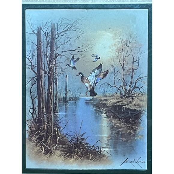 Flying Mallard Ducks Over River Andres Orpinas Framed Matted Art Print. Signed - Picture 2 of 5